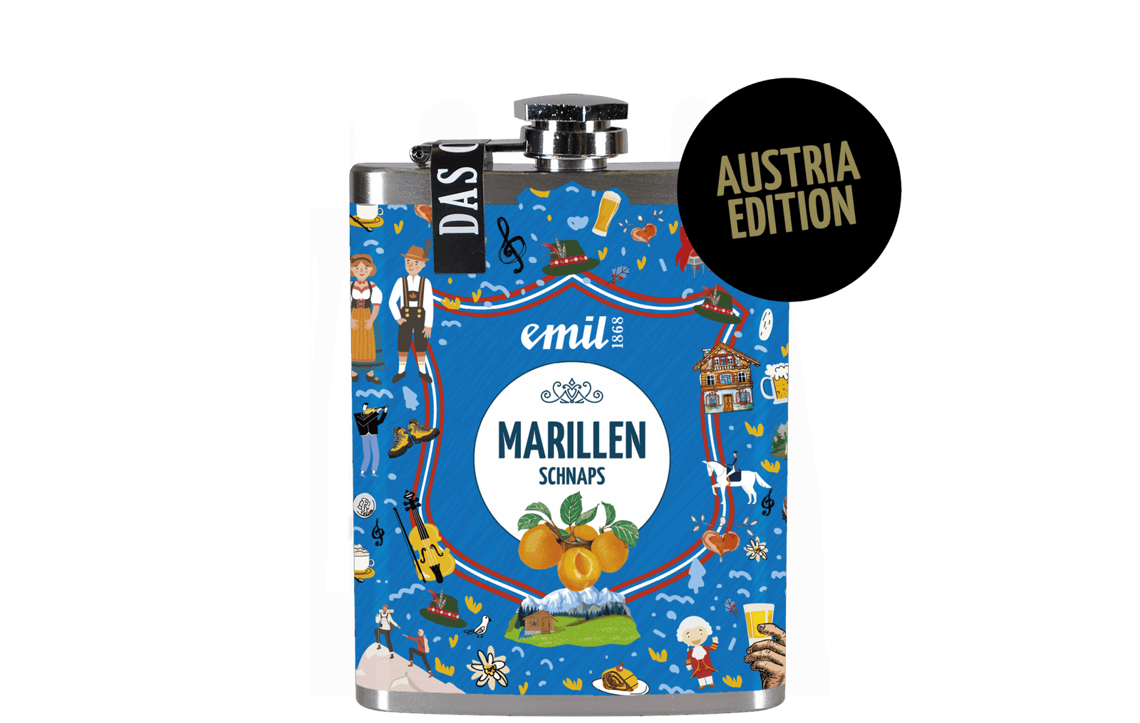 Marillen Schnaps 35%vol Sonderedition – limitierte Premiumabfüllung von emil 1868 in kompakten Flachmann