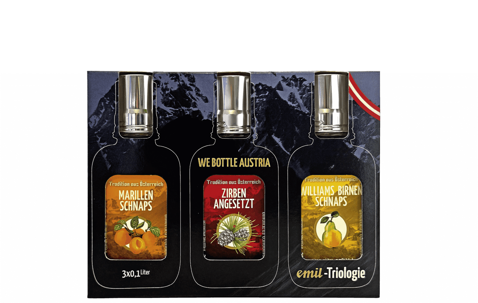 Marillen Schnaps 35%vol, Williams Birnen Schnaps 35%vol, Zirben Schnaps angesetzt 30%vol mit Stamperl Geschenkset – exklusive Geschenkidee von emil 1868