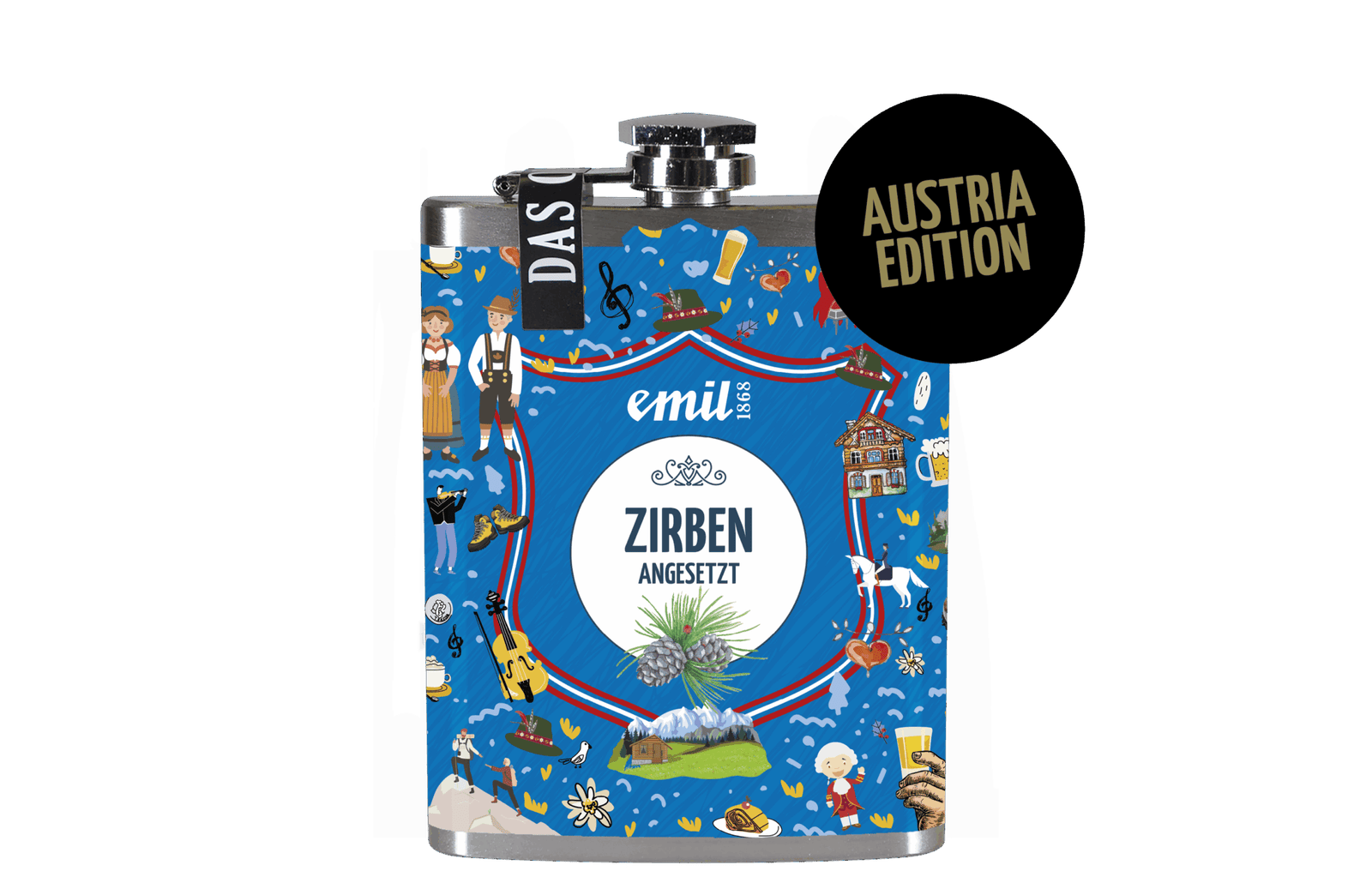 Zirben Schnaps angesetzt 30%vol Sonderedition – limitierte Premiumabfüllung von emil 1868 in kompakten Flachmann