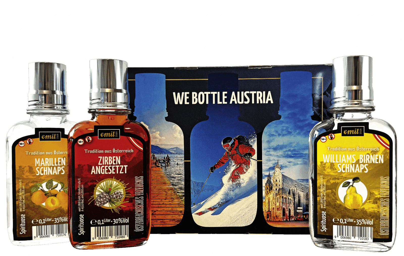 Marillen Schnaps 35%vol, Williams Birnen Schnaps 35%vol, Zirben Schnaps angesetzt 30%vol mit Stamperl