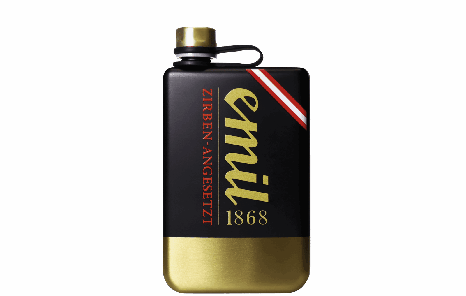 Zirben Schnaps 30%vol Flachmann Gold/Schwarz – edles Design von emil 1868
