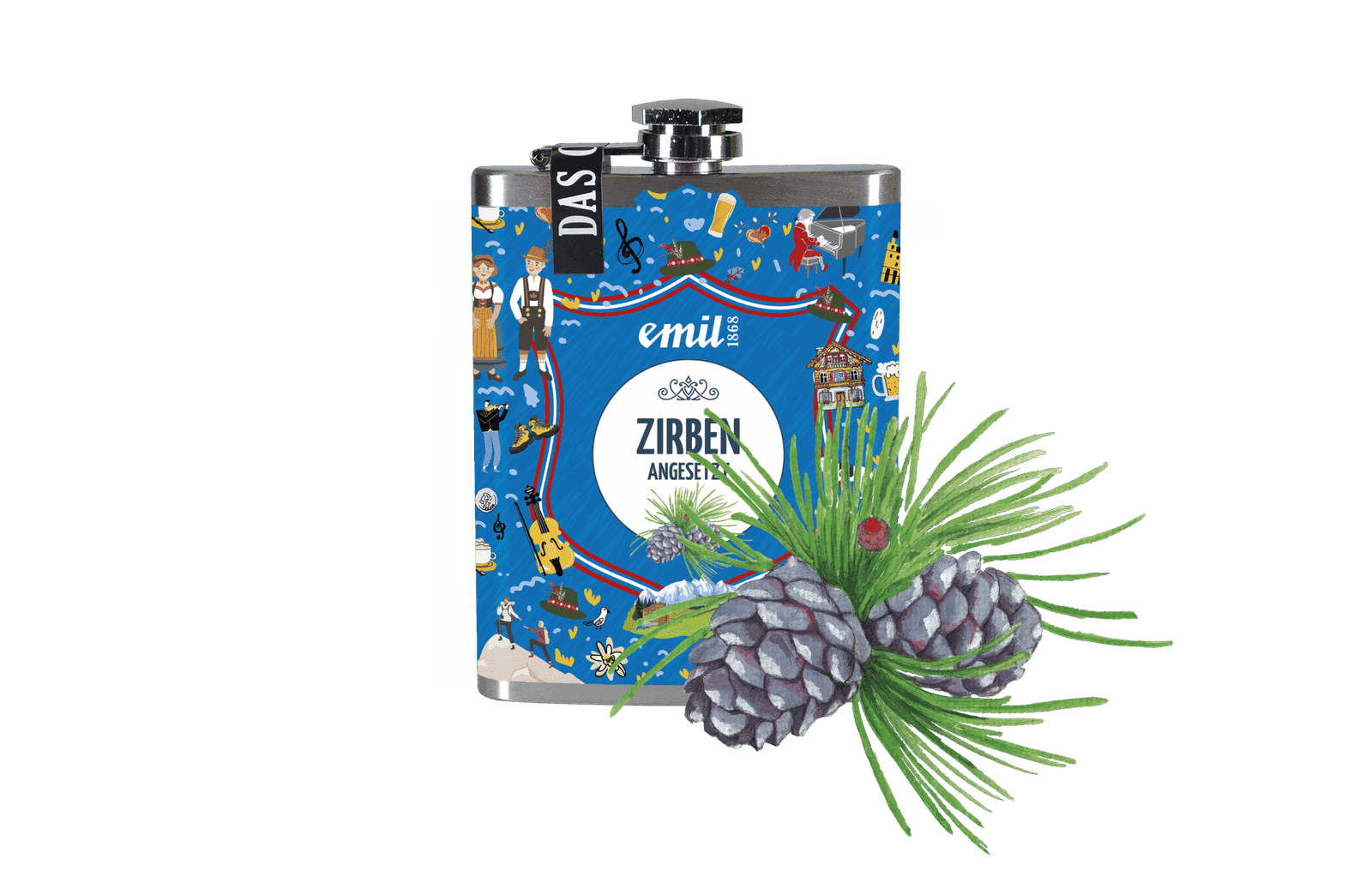 Zirben Schnaps angesetzt 30%vol Sonderedition – limitierte Premiumabfüllung von emil 1868 in kompakten Flachmann