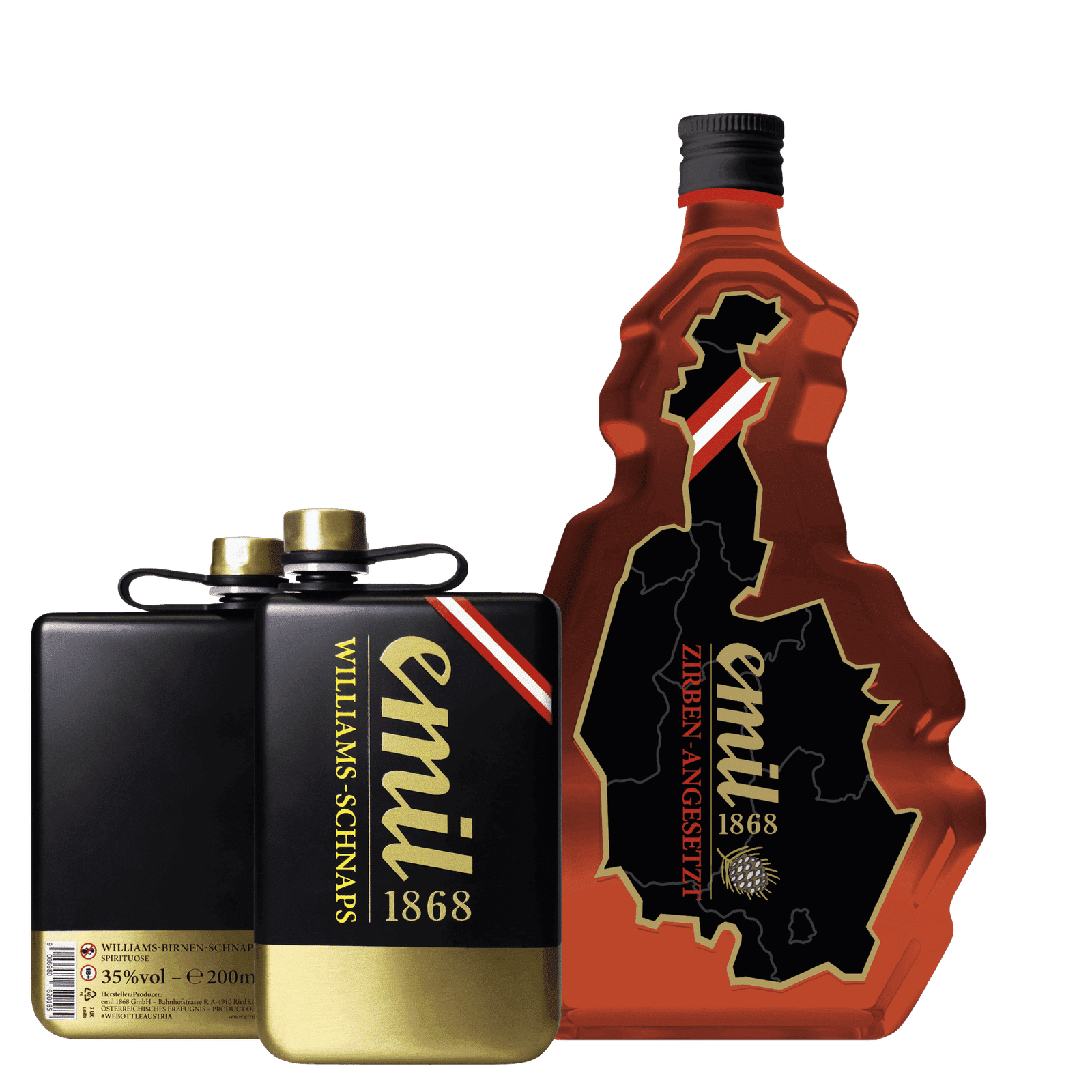 Unser Zirben Schnaps angesetzt in der Österreich Flasche und er Williams Birnen Schnaps Flachmann goldschwarz als Geschenks Bundle