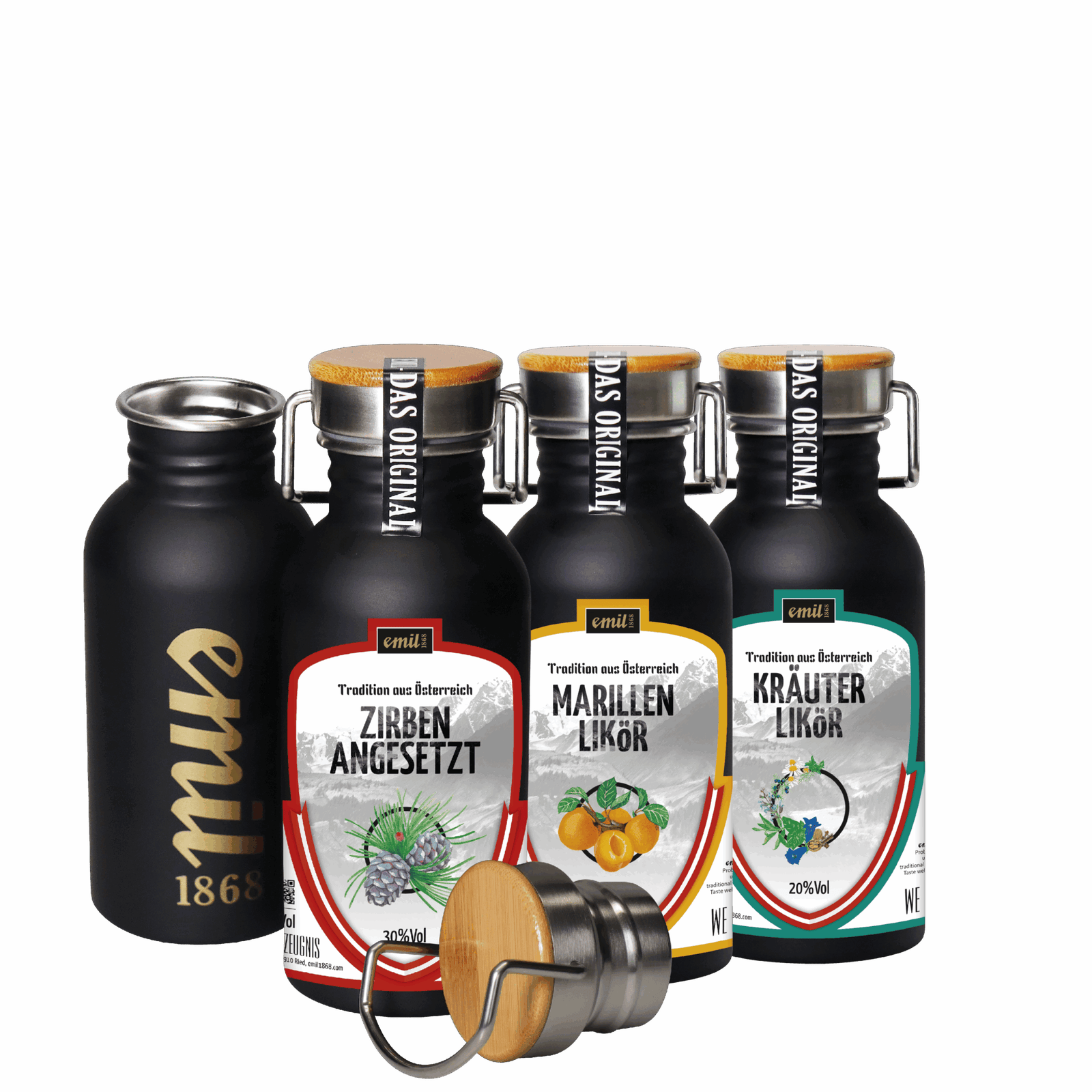 Unser Zirben Schnaps angesetzt, Marillen Likör und Kräuter Likör in der Edelstahl Kanne als Geschenks Bundle