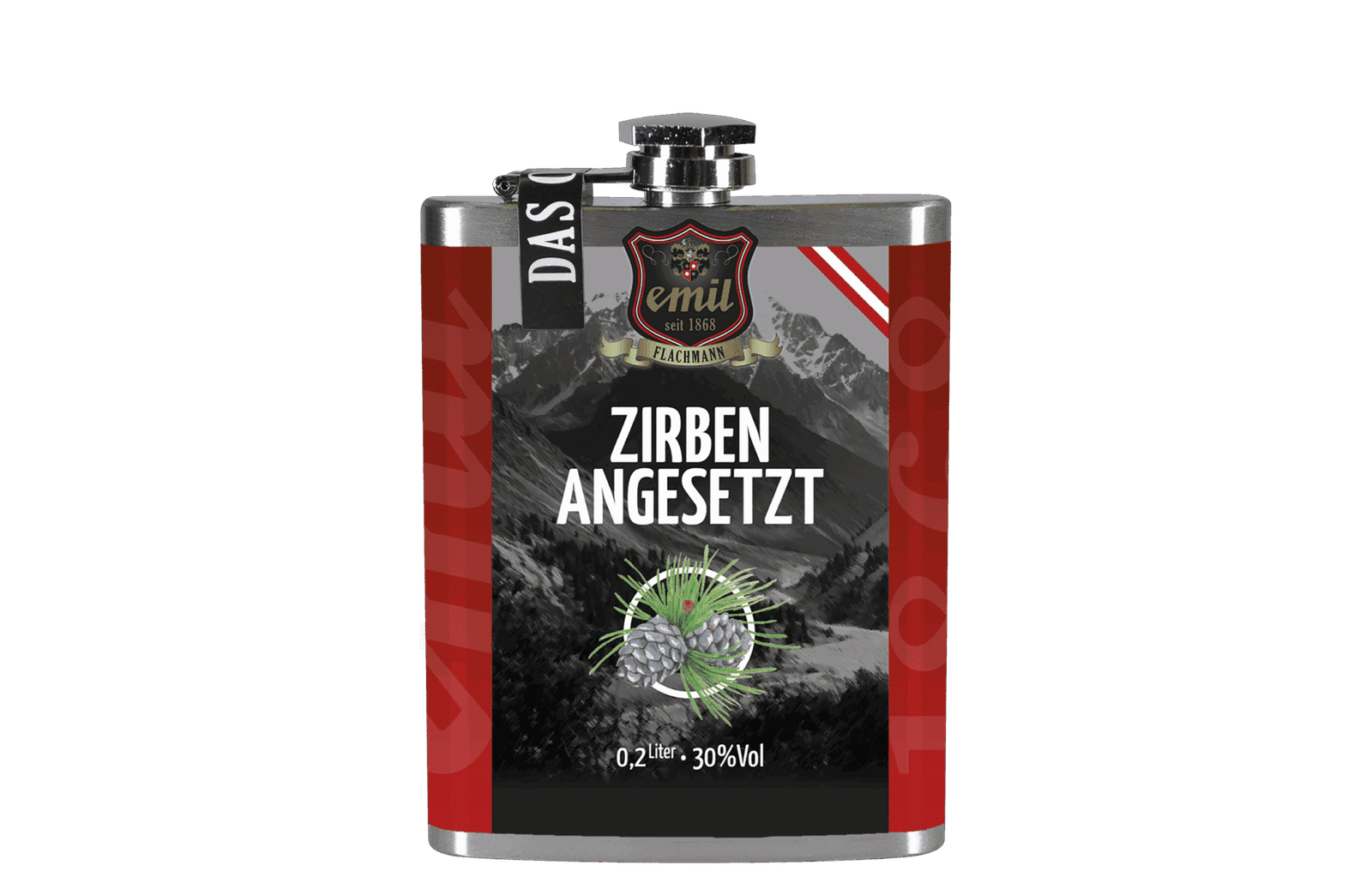 Zirben Schnaps 30%vol Flachmann Standard 200 ml – kompaktes Design von emil 1868